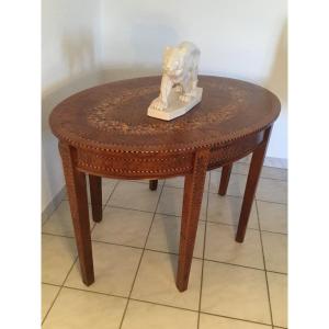 Louis Style Pedestal Table In Marquetry And Amboyna Veneer, 1900 Period