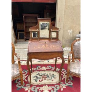 Bonheur Du Jour Secretary, Louis XV In Mahogany And Marterie, Napoleon III Period. 19th Time.