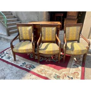 Suite Of Three Empire Armchairs, In Walnut From The 19th Century