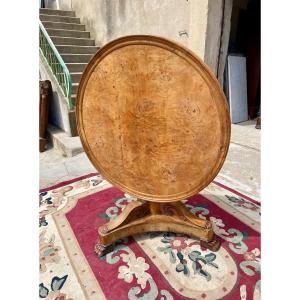 Restoration Pedestal Table In Walnut And Burl Walnut, 19th Century.