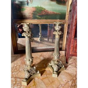 Pair Of Empire Candlesticks, In Bronze, 19th Century.