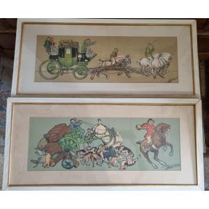 Pair Of Illustrations Signed Albert Guillaume, 1900s