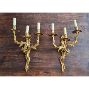 Pair Of Louis XV Wall Lights In Gilded Bronze, 1900s