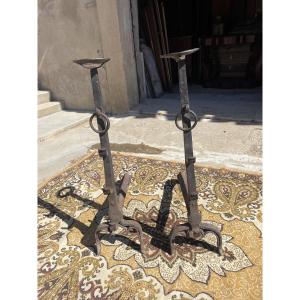 Pair Of Landier, In Wrought Iron, 15th Century Period