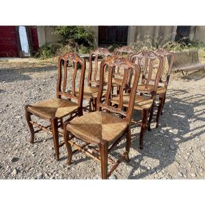 6 Chairs, Provençal, Louis XV, In Walnut, 19th Century 