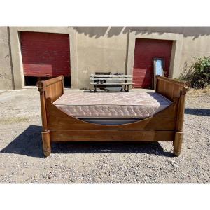 Empire Bed With Column, Detached In Walnut, 19th Century 