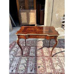 Louis XV Writing Desk, Writing Table, In Marquetry, 19th Century 