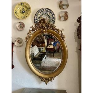 Oval Mirror, Louis XV, In Gilded Wood, Napoleon III Period. 18th Century 