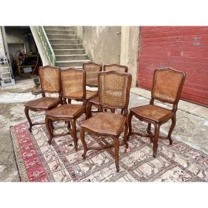Set Of Six Regency Chairs In Walnut, Dating From The 19th Century 