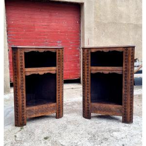Pair Of Transition Style Corner Cabinets, In Oak And Dating From The 19th Century 