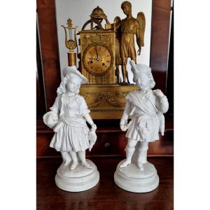 Pair Of Numbered Biscuit Porcelain Figurines, 19th Century 