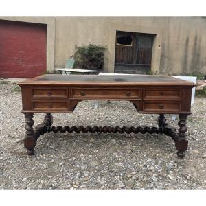 Large Desk, Louis XIII Style, In Solid Oak, 19th Century