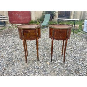 Pair Of Bedside Tables, Two Half-moon Shaped, Two, Louis XVI Style In Marquetry, 1900.