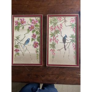 Pair Of Silk Embroideries, Signed M-b., Decorated With Birds And Flowers, Circa 1940