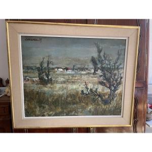 Large Countryside Landscape, The Cart, Oil On Canvas Signed Chaigneau, 1957