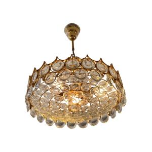 70s Pendant Chandelier - Gold Brass & Crystals