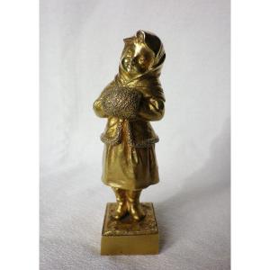 Joseph Leguluche Bronze Young Girl With A Muff Late 19th
