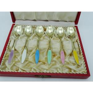 6 Mocha Spoons In Enamelled Silver Denmark 1950s