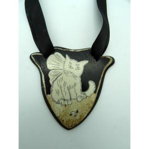 Cat Necklace Engraved And Painted On Bakelite 20th