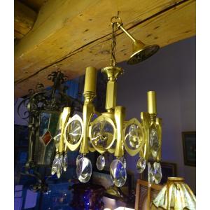 Small 3-light Chandelier In Brass And Plexiglass Sciolari 1970s