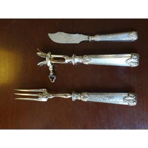 Carving Fork, Leg Handle And Butter Knife In Silver Late 19th