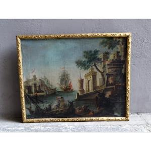 Port Scene Oil On Canvas 18th