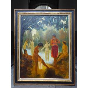 Charles Guillaud Oil On Canvas "bath Of Light" 1965