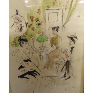 Watercolor And Ink Tea Time In An Interior