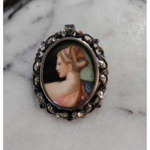 Pendant/brooch Portrait Of A Lady On Ivory 20th