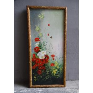 E. Paul Oil On Canvas Bouquet Of Poppies, Anemones And Butterfly 1901