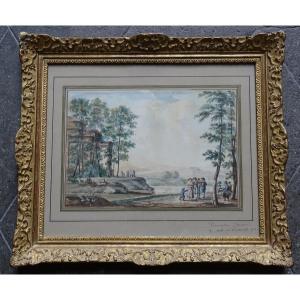 Vermeulen Andries (attributed) Watercolor And Ink Wash Animated Landscape 1763