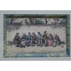 H. Pisan Watercolor Engraving The Conversation