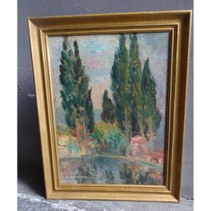 Boulard De Villeneuve Oil On Panel Houses And Cypresses