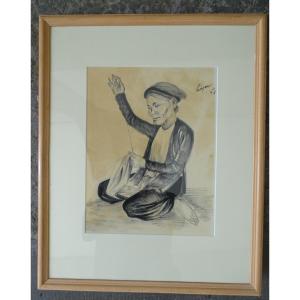 Nguyen Huyen Large Indian Ink Drawing 1956