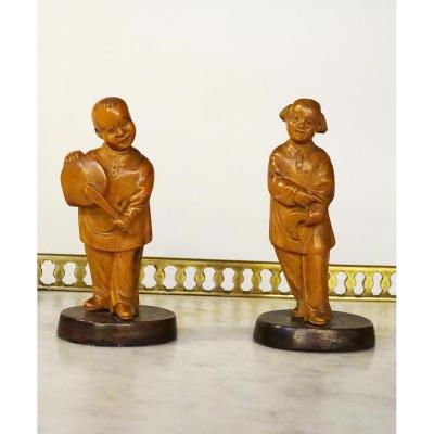 Pair Of Wooden Characters China Late 19th