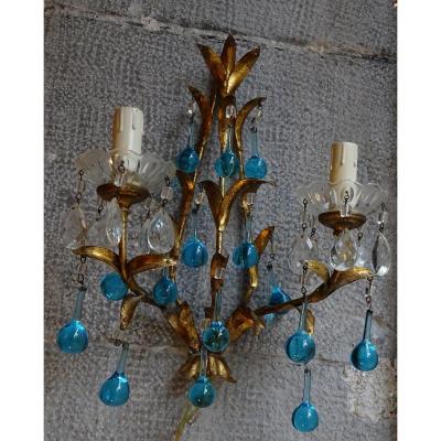 Wall Lights With 2 Lights Blue Pearls 20th