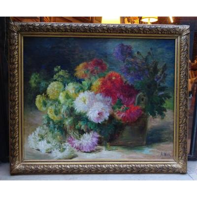 Oil On Canvas Dahlias A. Wolf Late 19th