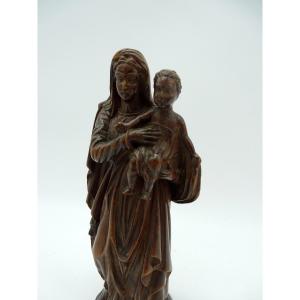 Small Statue Of Madonna And Child In Walnut Late 19th