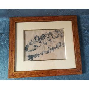 Lithograph Little Girls With Their Doll 1900