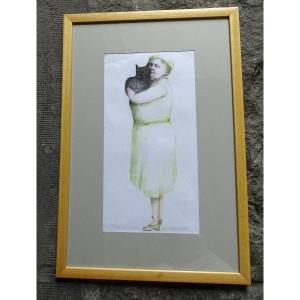 Woman With Cat Drawing From Avenier 1980