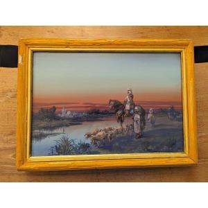 Pair Of Orientalist Gouaches, Signed Manago-animated Landscapes