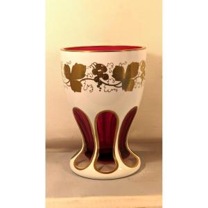 Overlay And Painted Crystal Vase-pink And Gold