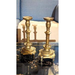 Pair Of Haute Epoque Candlesticks, In Bronze 