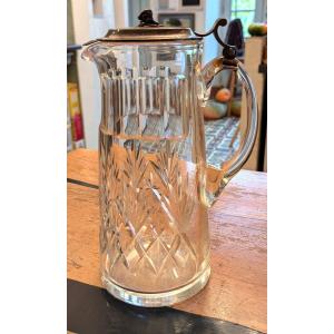 Large Carafe, In Cut Crystal With Its Solid Silver Lid - France