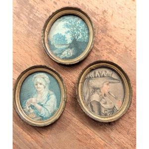 Set Of 3 18th Century Miniatures/engravings - Portraits And Landscape