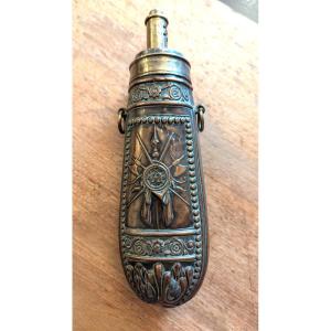 19th Century Powder Flask, In Embossed Copper With Dispenser
