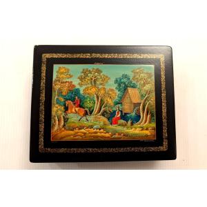 Large Lacquer Box, Russian - Painted Miniature Signed 
