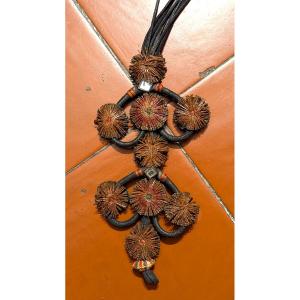Imposing Touareg Necklace, In Leather And Mirror - Folk Art - Jewelry