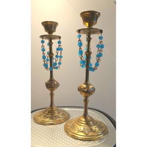 Pair Of Art Nouveau Candlesticks With Tassels - Fruits And Insects