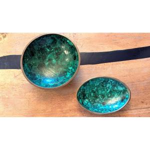 2 Malachite And Brass Bowls - 1970s Design